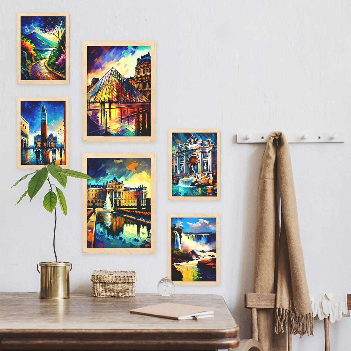 POSTER Set Mit 6 Winkel Im Ölgemälde Stil A3 & A4 Rahmen Aus Hellem Holz - Beige, Papier (29/3cm) - Nacnic