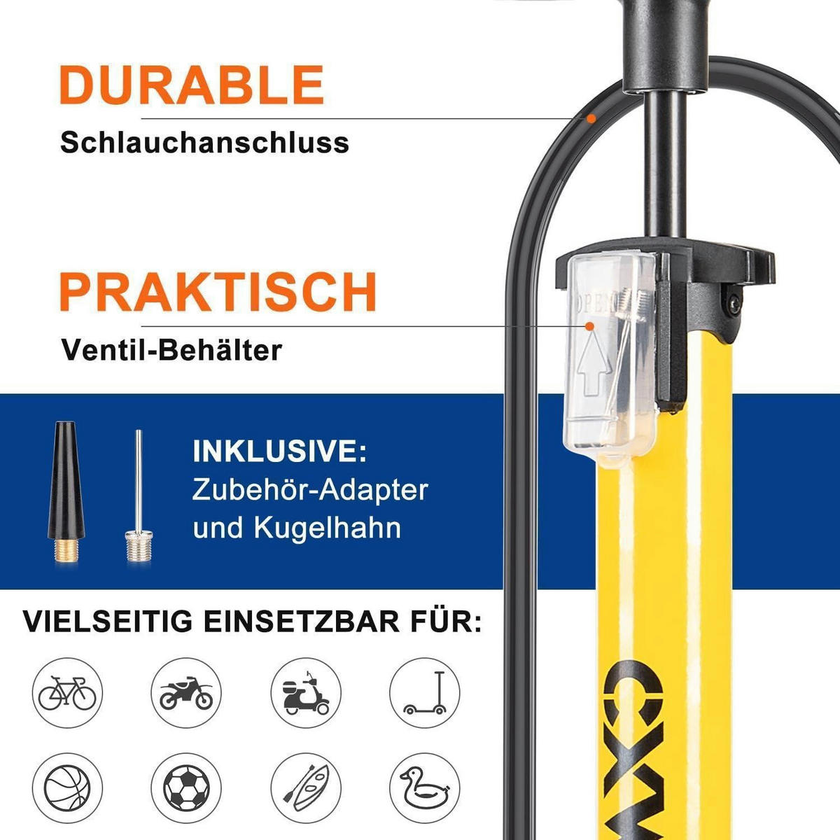 FAHRRADPUMPE mit Manometer für alle Ventile, 11 Bar - Gelb, Metall (8.2/44/21cm)