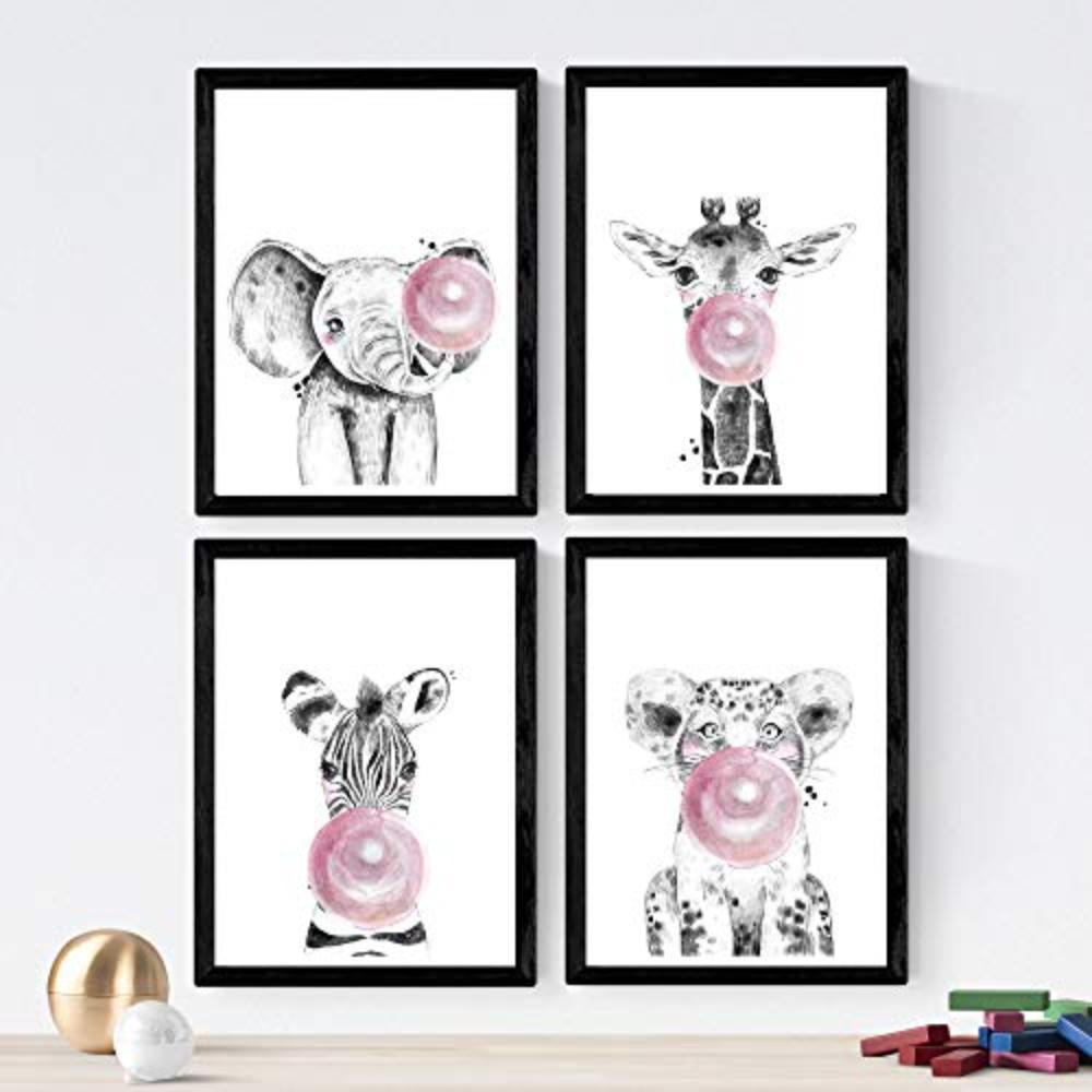 POSTER Set mit 4 Kinder Tiere mit rosa Kaugummi A4 Rahmenlos - Klar, Papier (29.7/3cm) - Nacnic