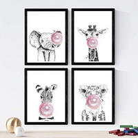 POSTER Set mit 4 Kinder Tiere mit rosa Kaugummi A4 Rahmenlos - Klar, Papier (29.7/3cm) - Nacnic