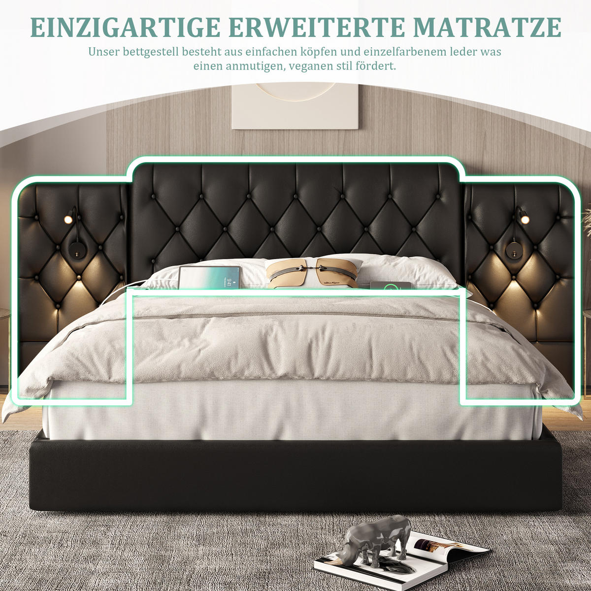 POLSTERBETT 180x200 cm USB Stauraum schwarz - Schwarz, Kunststoff (180/200cm) - LEBENLANG