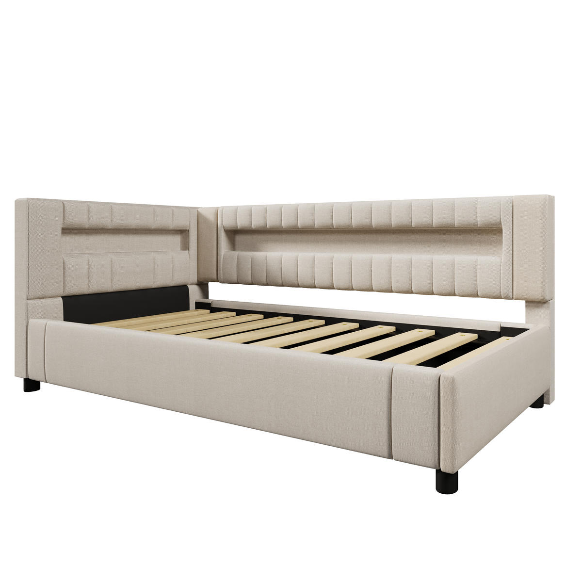 SCHLAFSOFA 90/200 cm in Beige Leinen mit Bettkasten, LED, USB und Type-C - Beige, Holzwerkstoff/Textil (90/200cm) - WISHDOR