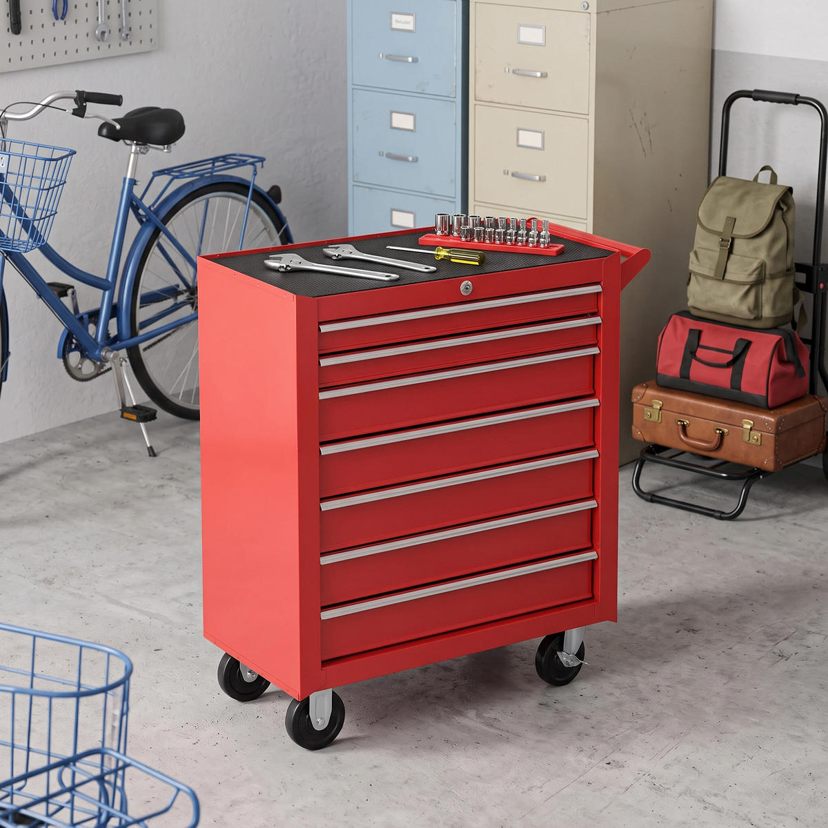 WERKSTATTWAGEN mit Rollen, Werkzeugwagen mit 7 Schubladen, abschließbar Stahl - Rot, Metall (33/75/69cm) - DURHAND