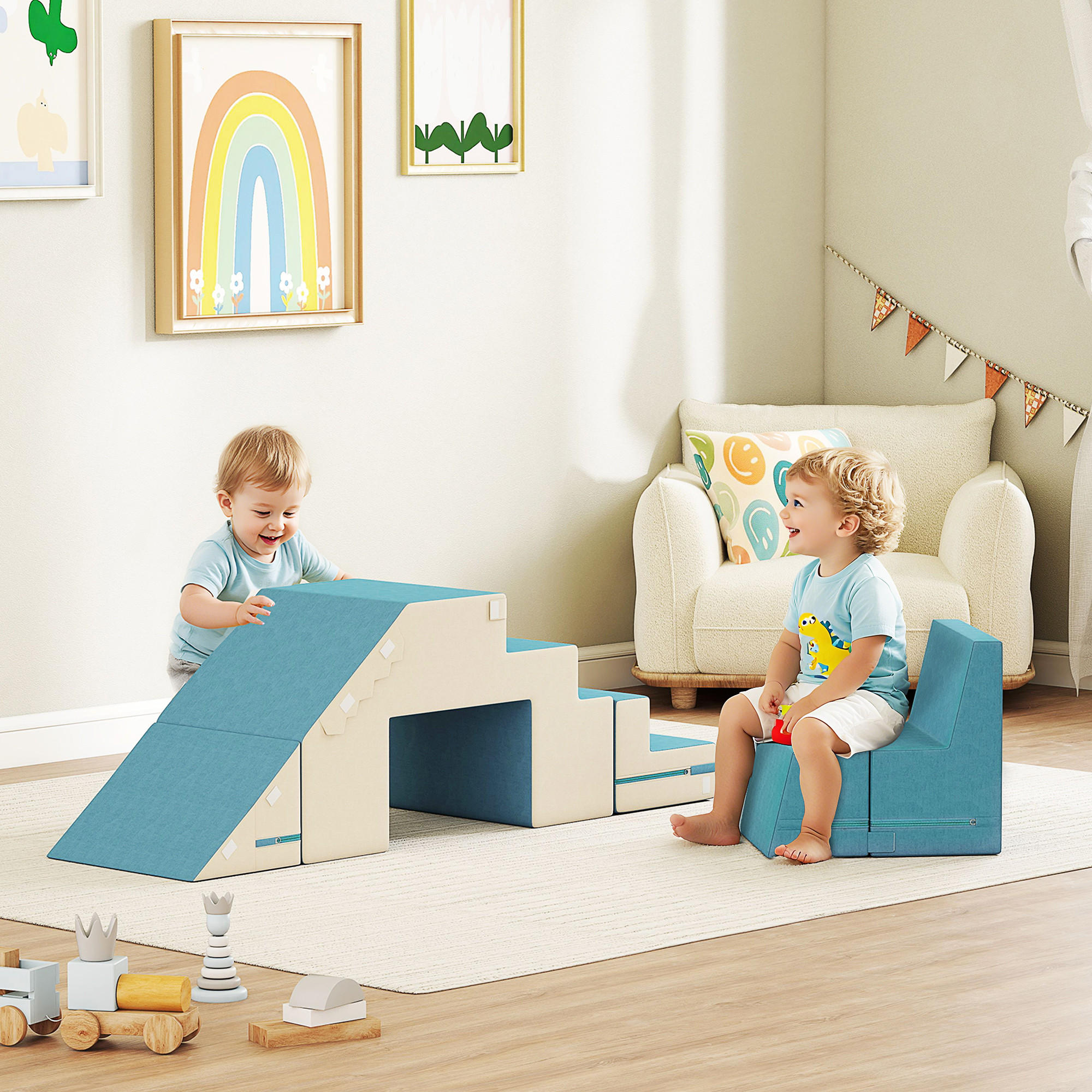 KINDER Schaumstoff Bausteine 2er Set Bausteinset mit Samtoptik Beige+Blau - Beige, Textil (39/131cm) - AIYAPLAY