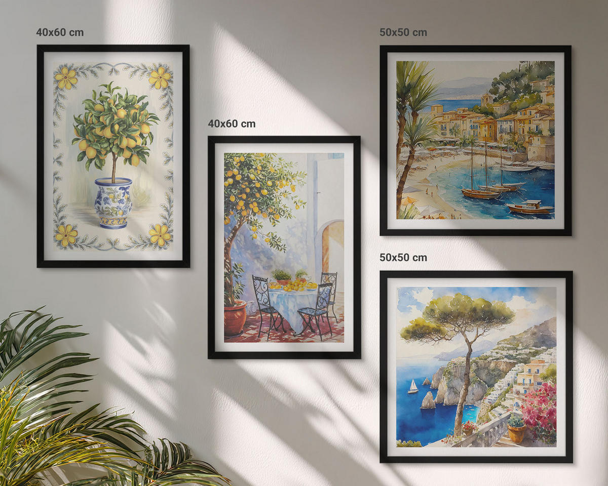 WANDBILDER 4er-Set - 50x50 cm & 40x60 cm Schwarzer Rahmen - Blick auf das Meer aus Zitronenbäumen - Schwarz, Kunststoff (50/50cm) - ArtPrintCave