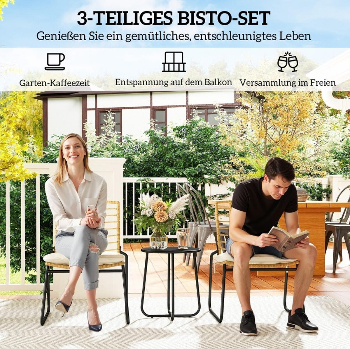 BALKONSET Balkonmöbel-Set 3-teilig aus Rattan mit stapelbaren Stühlen Beige - Beige, Naturmaterialien