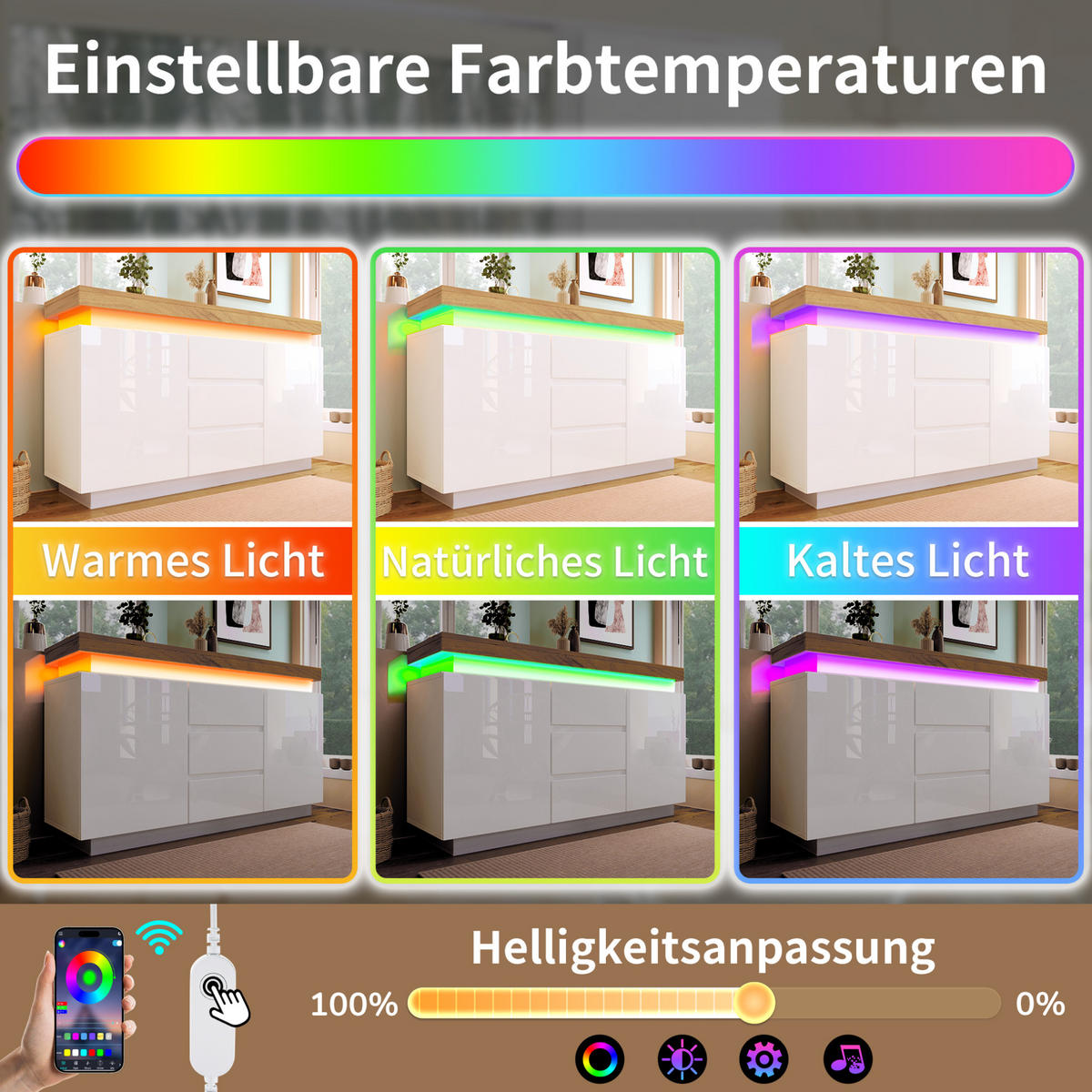 KOMMODE 140/39/81 cm in Weiß mit LED-Beleuchtung und 2 Türen, 3 Schubladen - Weiß, Holzwerkstoff (140/81/39cm) - Flora Grace