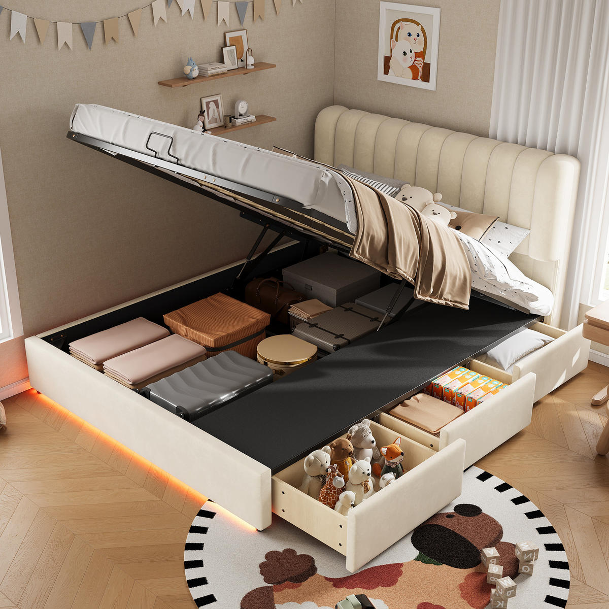 POLSTERBETT 140/200 cm in Beige mit Bettkasten, 3 Schubladen und LED aus Samt - Beige, Holzwerkstoff/Textil - STILVORA