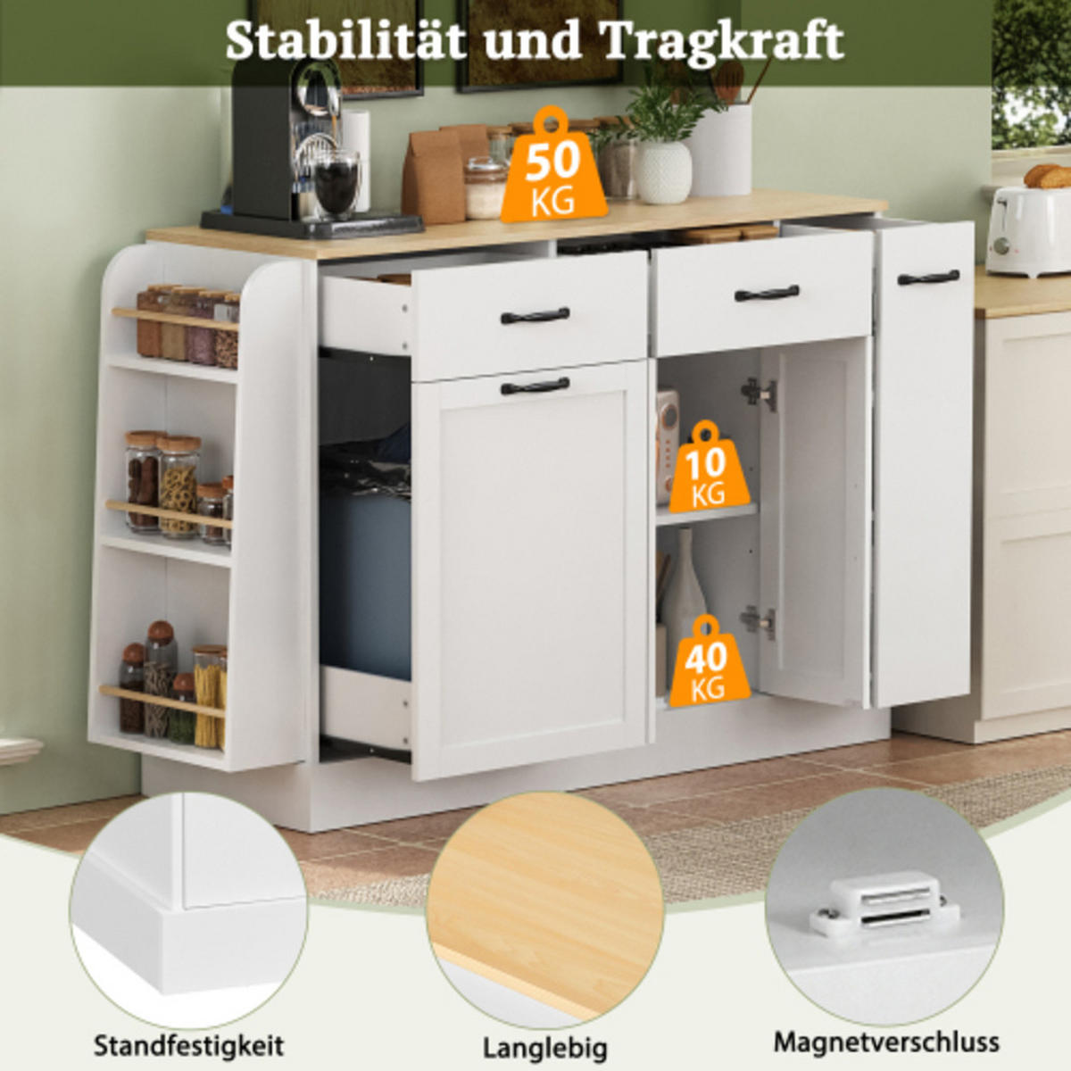 KÜCHENINSEL 133,5×40×86 cm aus MDF mit hellholzfarbener Platte & integriertem Mülleimerfach, weiß - Weiß, Holzwerkstoff (133.5/86/40cm) - Luhomfu