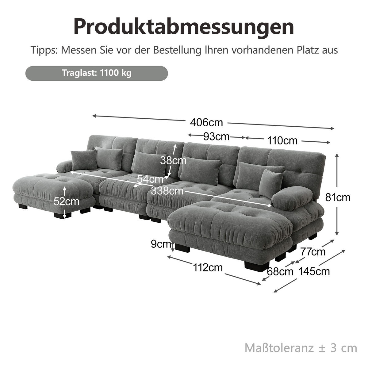 WOHNLANDSCHAFT DE-34065 U-förmig Grau - Grau, Holz (145/81/406cm) - ComfortXL