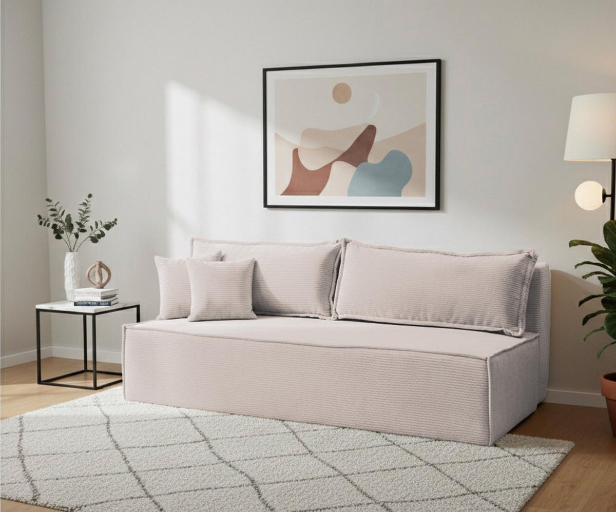 SCHLAFSOFA TIMO, Sofa mit Schlaffunktion und Bettkasten, Farbe: Beige, Cordstoff - Beige, Textil (200/80/93cm) - VENASI MÖBEL