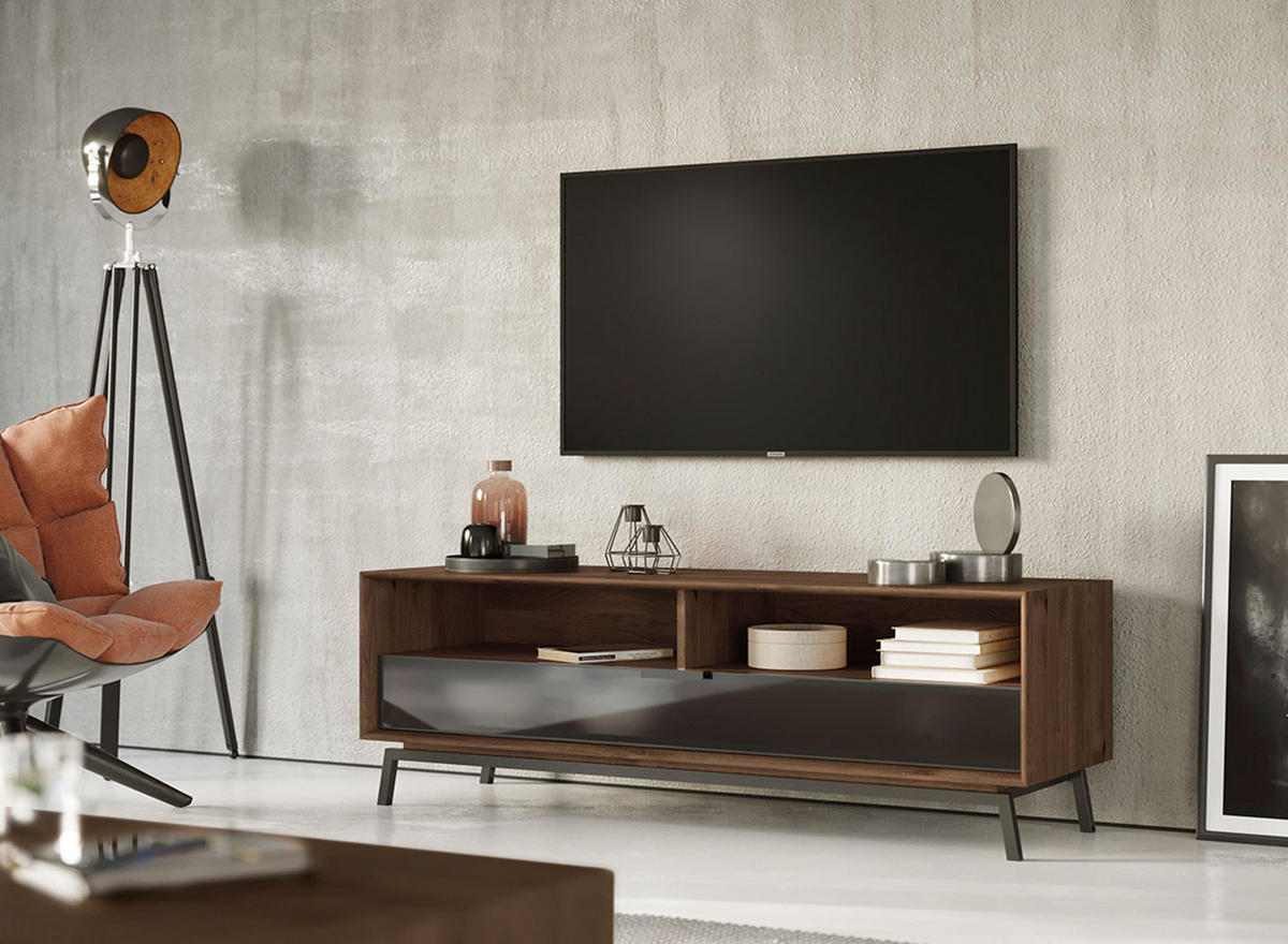 LOWBOARD Modern Loft Eiche Tabak 160 / 50 / 54cm - Dunkelbraun/Schwarz, Holz/Metall (160/54/50cm) - Feldmann-Wohnen