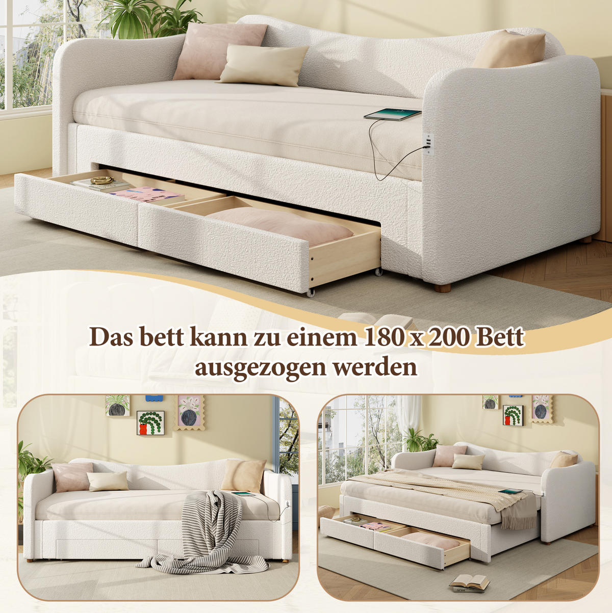 POLSTERBETT 90/200 cm ausziehbar auf 180/200 cm mit 2 Schubladen, USB- und USB-C-Anschluss, Bouclé, Beige - Beige, Textil (90/200cm) - Redom