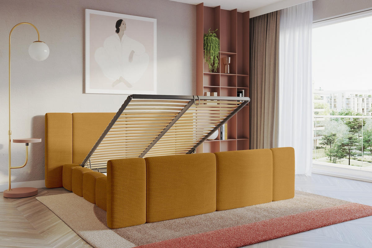 POLSTERBETT mit Bettkasten, Fußteil und Lattenrost, Bett mit Matratze H3/H4 - NILO-Z 200x200 Senfgelb - Currygelb, Holzwerkstoff/Textil (200/200cm) - ALTDECOR