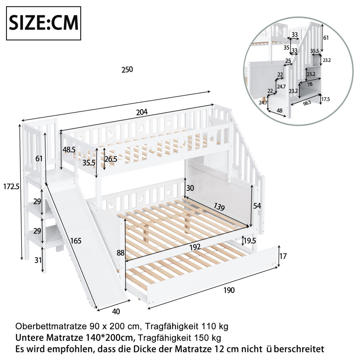 ETAGENBETT 90/200 cm und 140/200 cm Weiß mit Sicherheitsrutsche und Regal - Weiß, Holz (90/200cm) - OKWISH