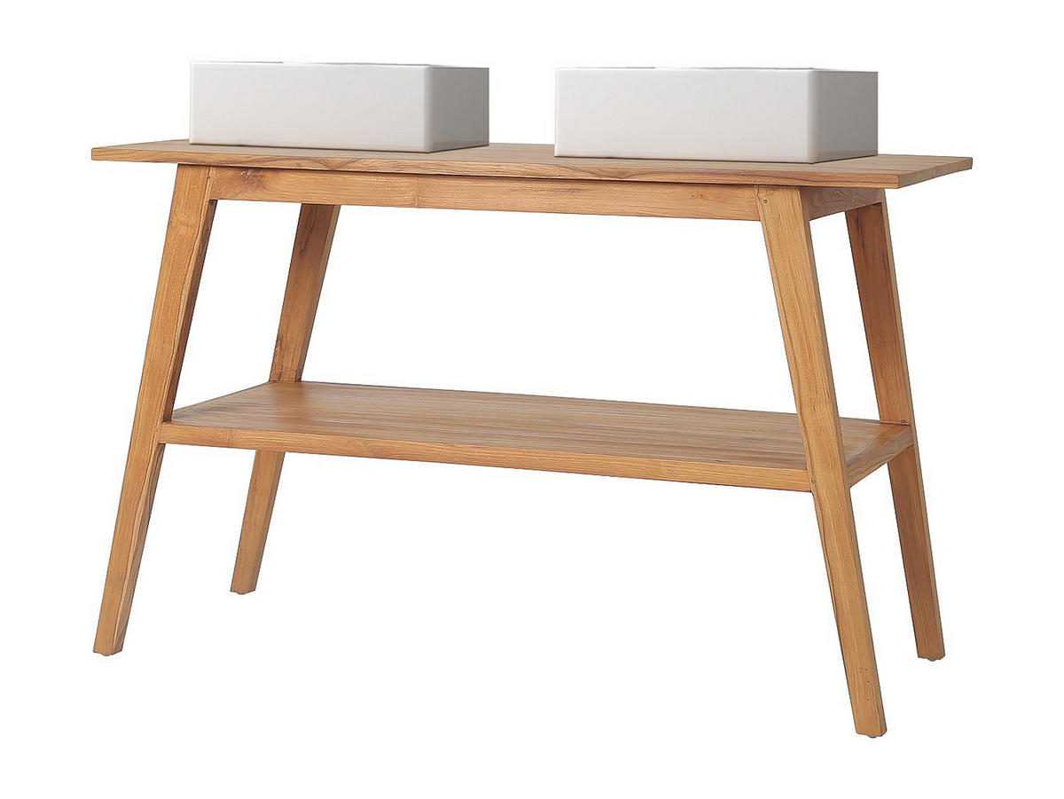 DOPPELWASCHTISCH - 120cm x 55cm - Teakholz - naturfarben hell - BOBOTSARI - Naturfarben, Keramik (120/76/55cm) - Vente-Unique