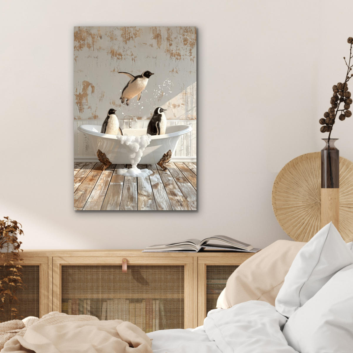 METALLBILD Vintage - Pinguin - Badewanne - Schaumstoff 40x60 cm - Schwarz, Metall (40/60cm) - MuchoWow
