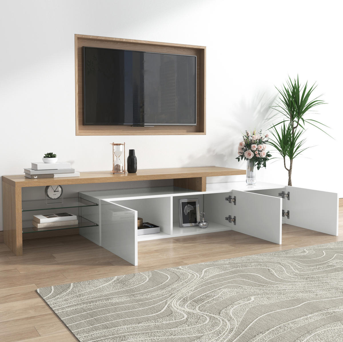 TV-ELEMENT mit LED 197,5 x 39 x 42 cm Weiß Holzoptik - Weiß, Glas (39/42/197.5cm) - Beauniv