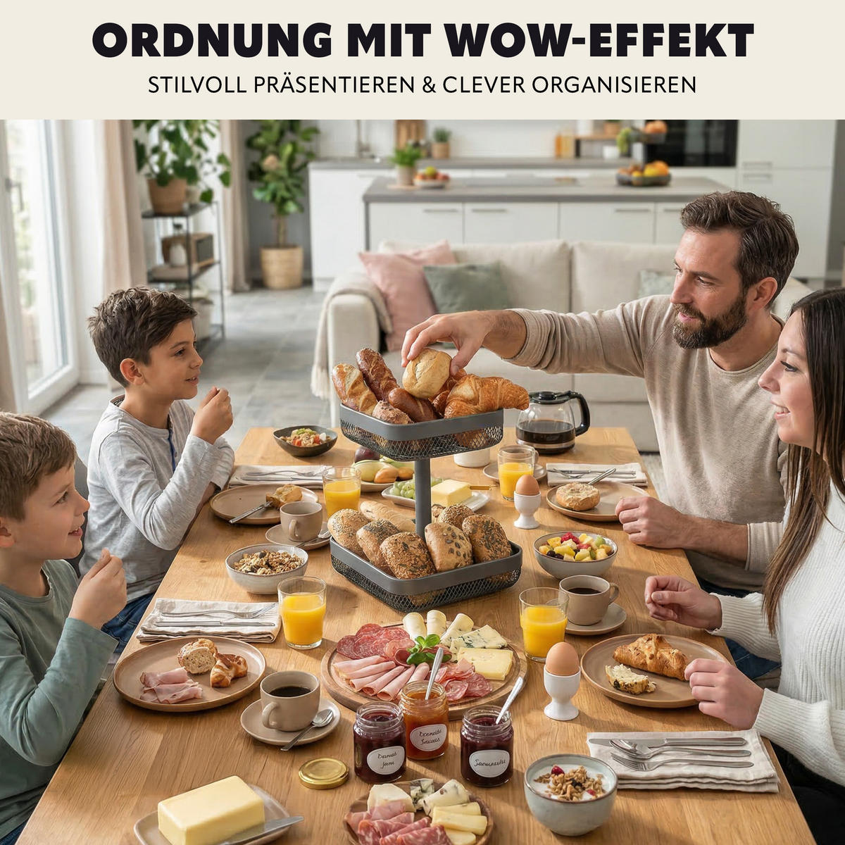 OBSTETAGERE, eckig, 2-stöckig, Ø 20 cm und 25 cm, grau, Metall - Grau, Metall (30cm) - eluno