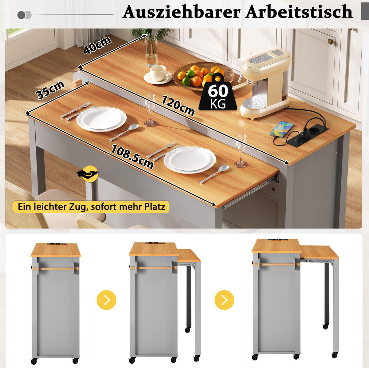 KÜCHENINSEL 120x75x92cm Grau mit Ausziehplatte,Mülleimerfach & Rollen - Grau, Holzwerkstoff (120/92/75cm) - Modfu