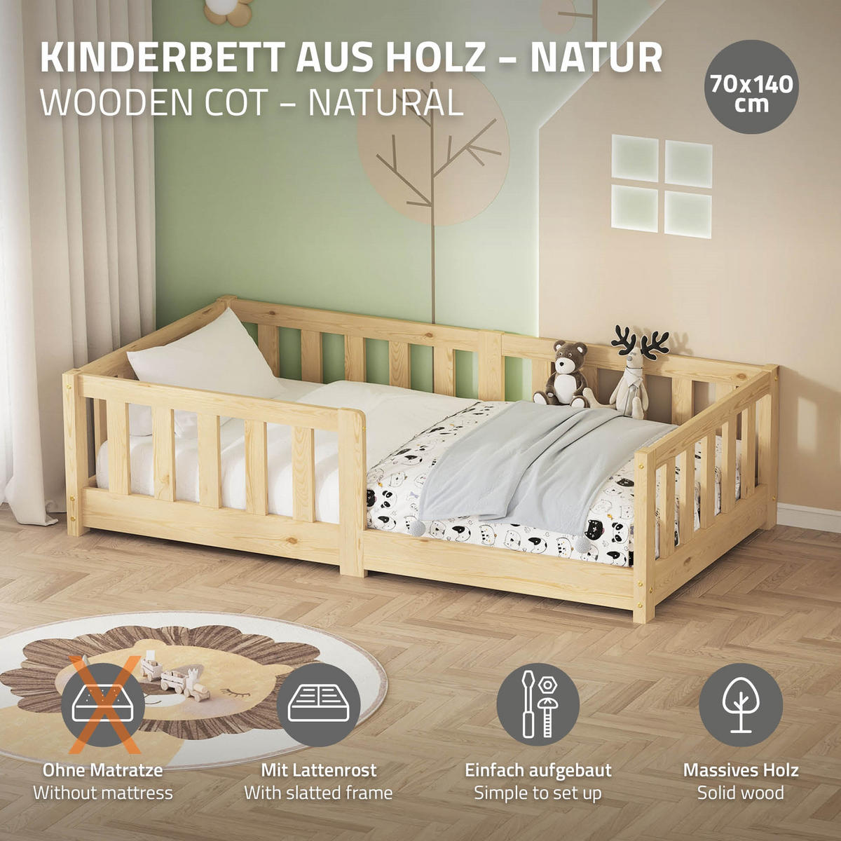 KINDERBETT 70x140 cm Natur aus Kiefernholz - Naturfarben, Holz (70/140cm) - ML-DESIGN