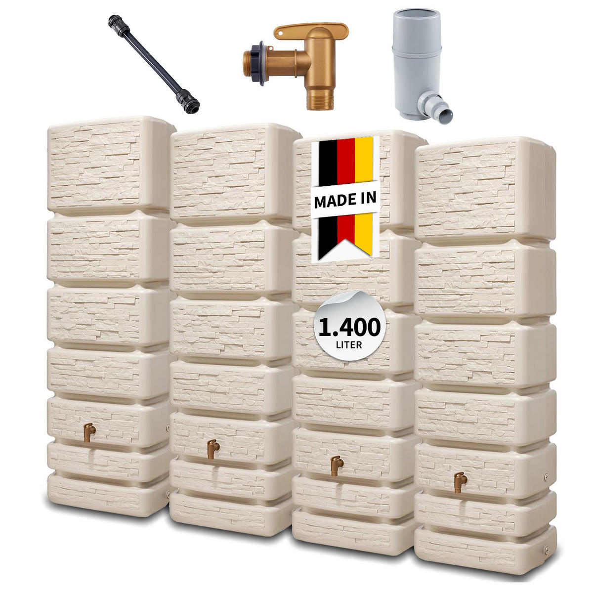 WANDTANK Komplett-Set 1400 L sandbeige 4 x 350 L inkl. Verbindungsset, Kunststoff-Auslaufhahn und Fallrohranschluss - Beige, Kunststoff (270/184/39cm) - 4rain