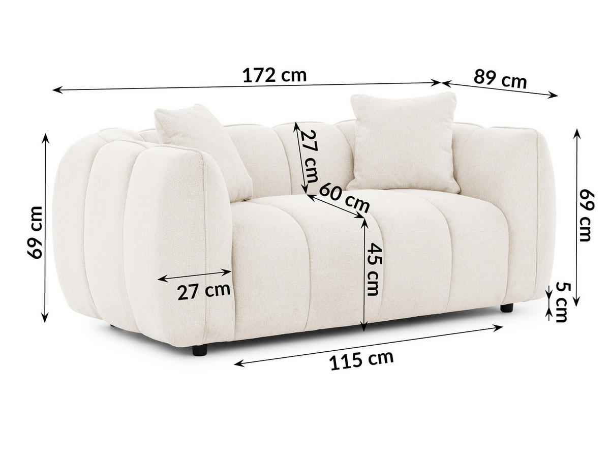2-SITZER SOFA Nubira in tief gesteppter Bubble-Optik aus weichem Creme Strukturstoff im modernen Design - Creme/Schwarz, Holz/Kunststoff (172/69/89cm) - S-Style Möbel