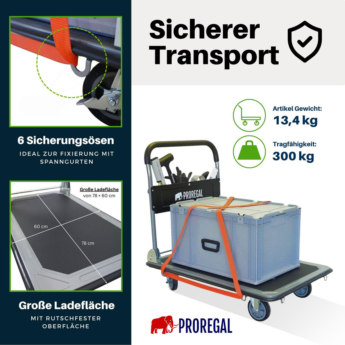 PLATTFORMWAGEN Transportwagen Rhino 300kg klappbar mit Gummiräder & Werkzeugtasche - Schwarz, Metall (90/60/85cm) - PROREGAL