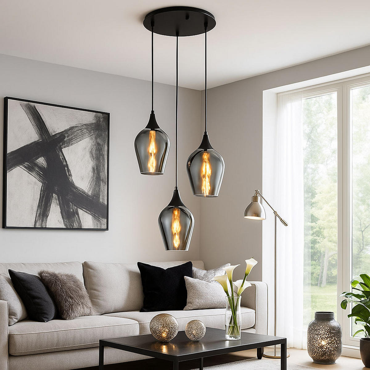 PENDELLEUCHTE Metall Rauchfarbe 3-Flammig - Schwarz, Glas (45/45/120cm) - Globo Lighting