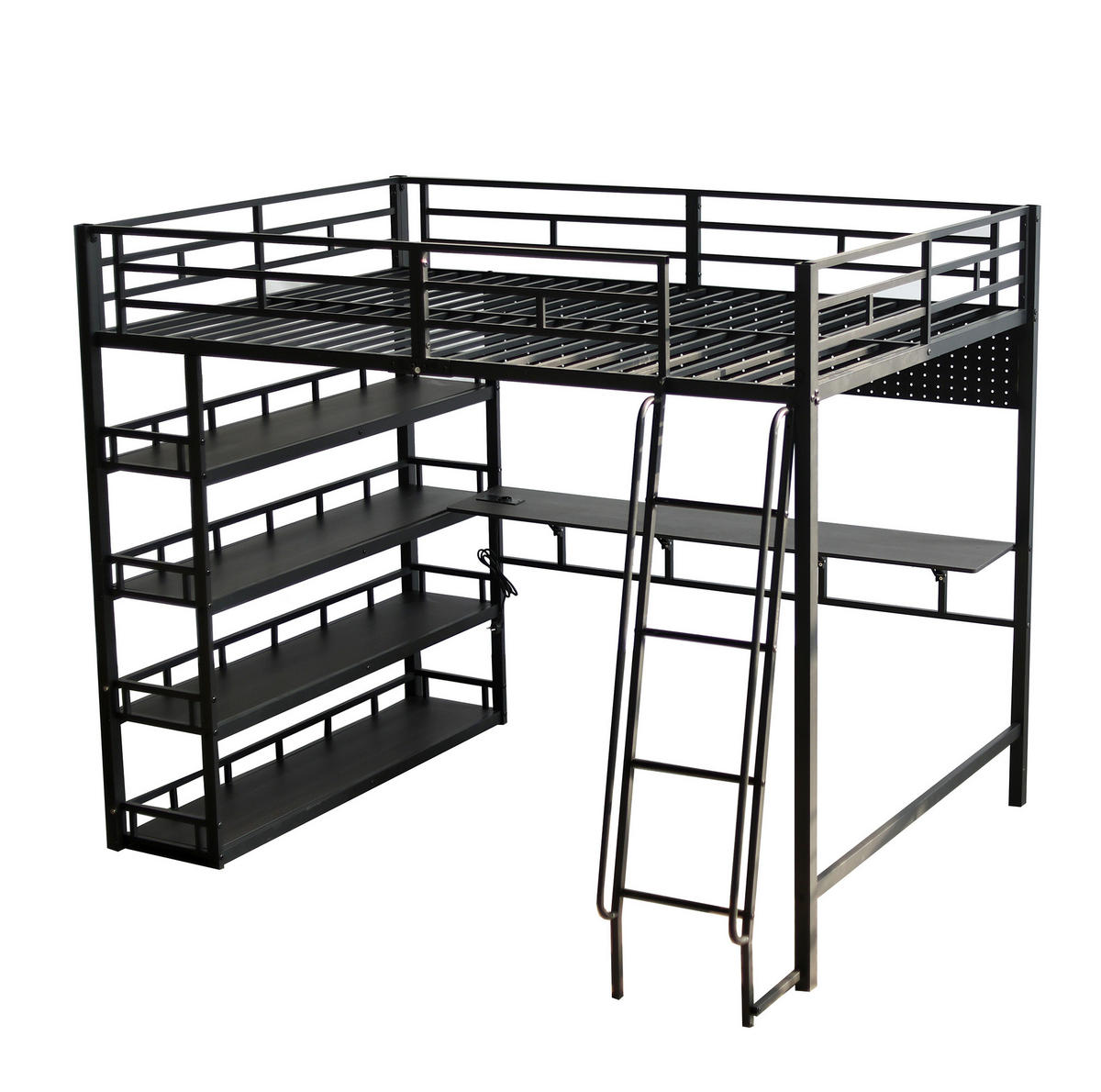 HOCHBETT 140/200 cm in Schwarz – mit Stauraum, Ladeanschluss und schräger Leiter - Schwarz, Metall (140/200cm) - BEAOK