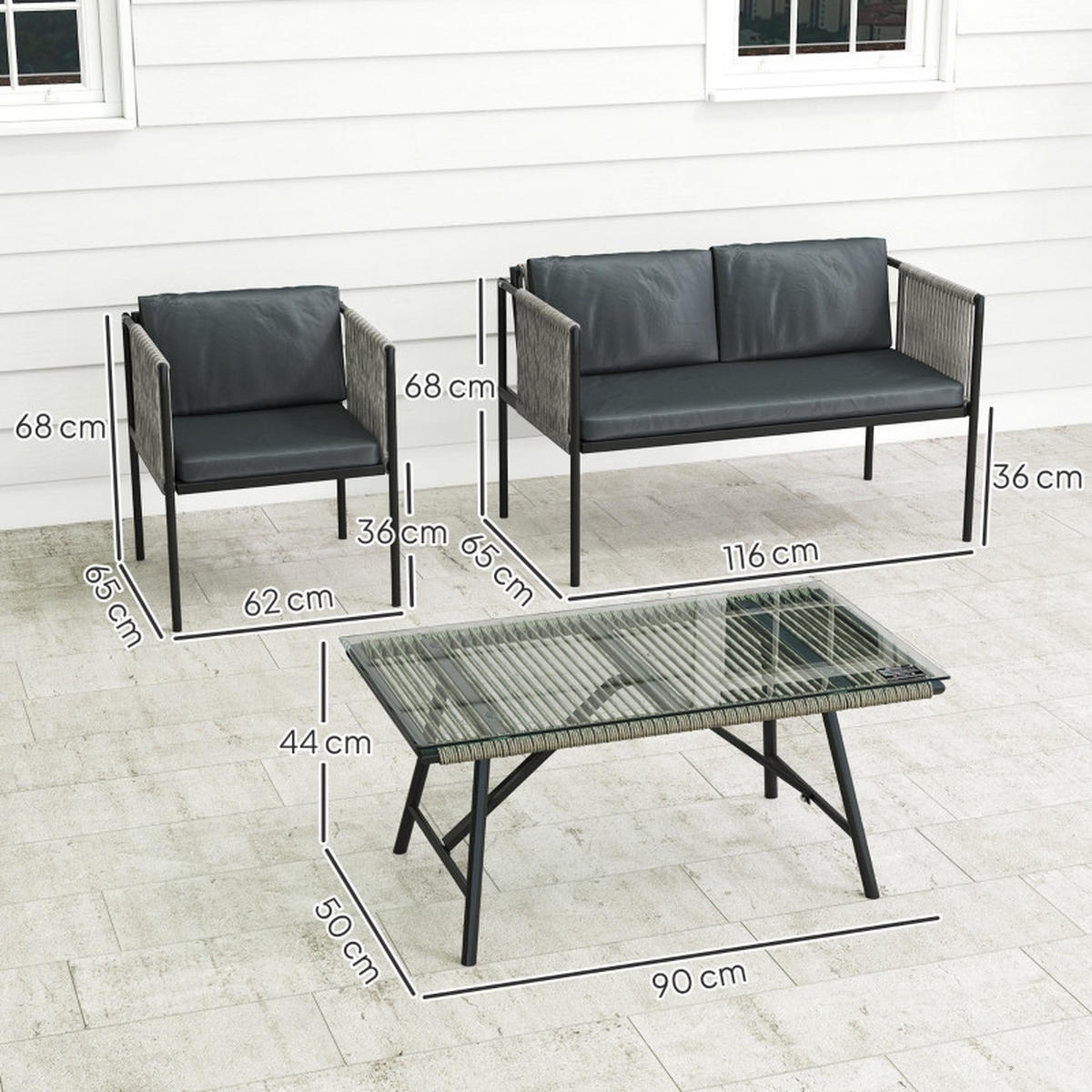 GARTENMÖBEL-SET 116/65/68 cm grau aus Rattan mit Kissen und Glastisch - Grau, Naturmaterialien - OKWISH