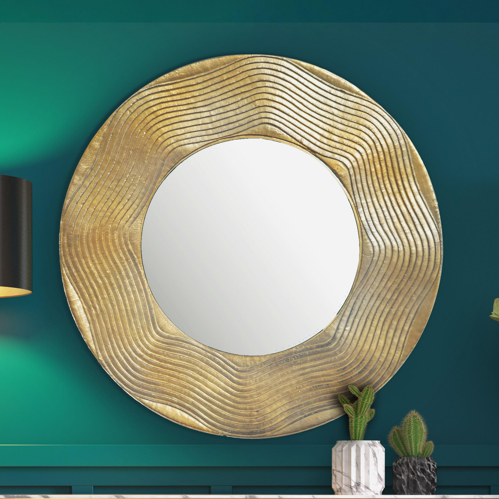 WANDSPIEGEL Rund Metall Gold 74 cm Wellenmuster - Goldfarben, Glas (74/74/3cm) - KADIMA DESIGN