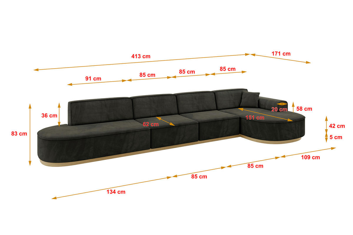 ECKSOFA Ottomane Rechts MARI-L3-v2 - 413x171x83 cm Schwarz Velours - Schwarz, Holzwerkstoff/Textil (171/413cm) - ALTDECOR