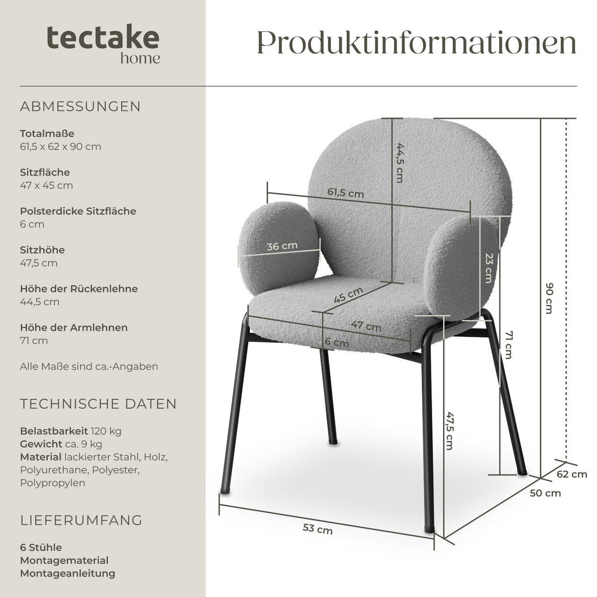 STUHL 6er Set Scandi Belastbarkeit 120 kg 61 5 x 62 x 90 - Hellgrau, Kunststoff (62/90/61.5cm) - tectake