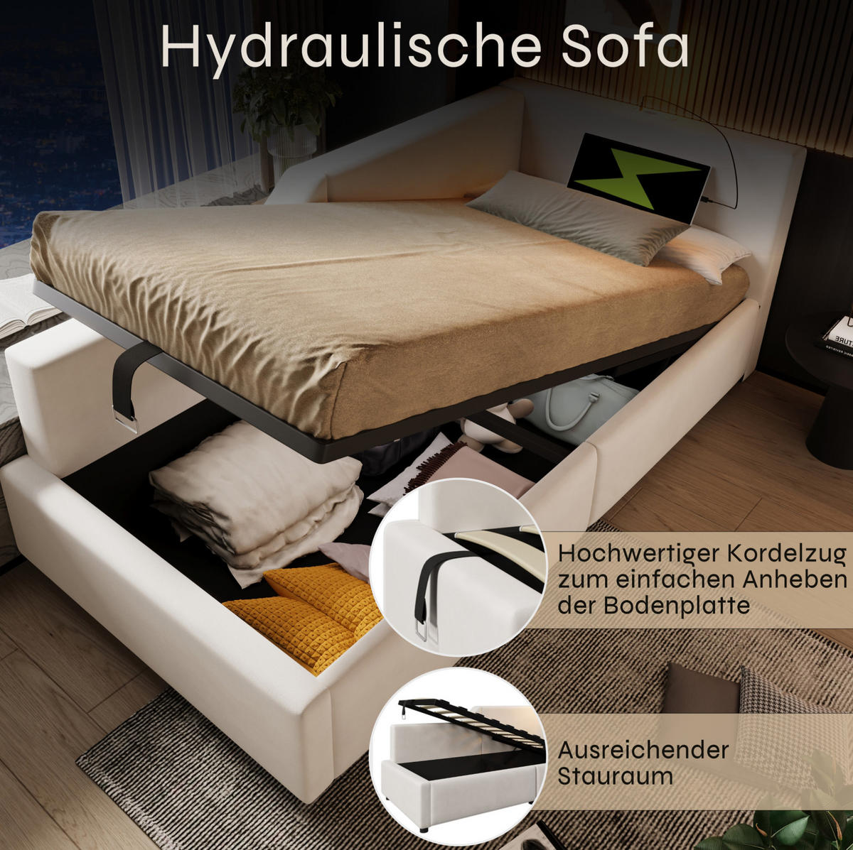 POLSTERBETT 90/200 cm Beige aus Samt mit Stauraum - Beige, Textil (90/200cm) - OKMYHOME
