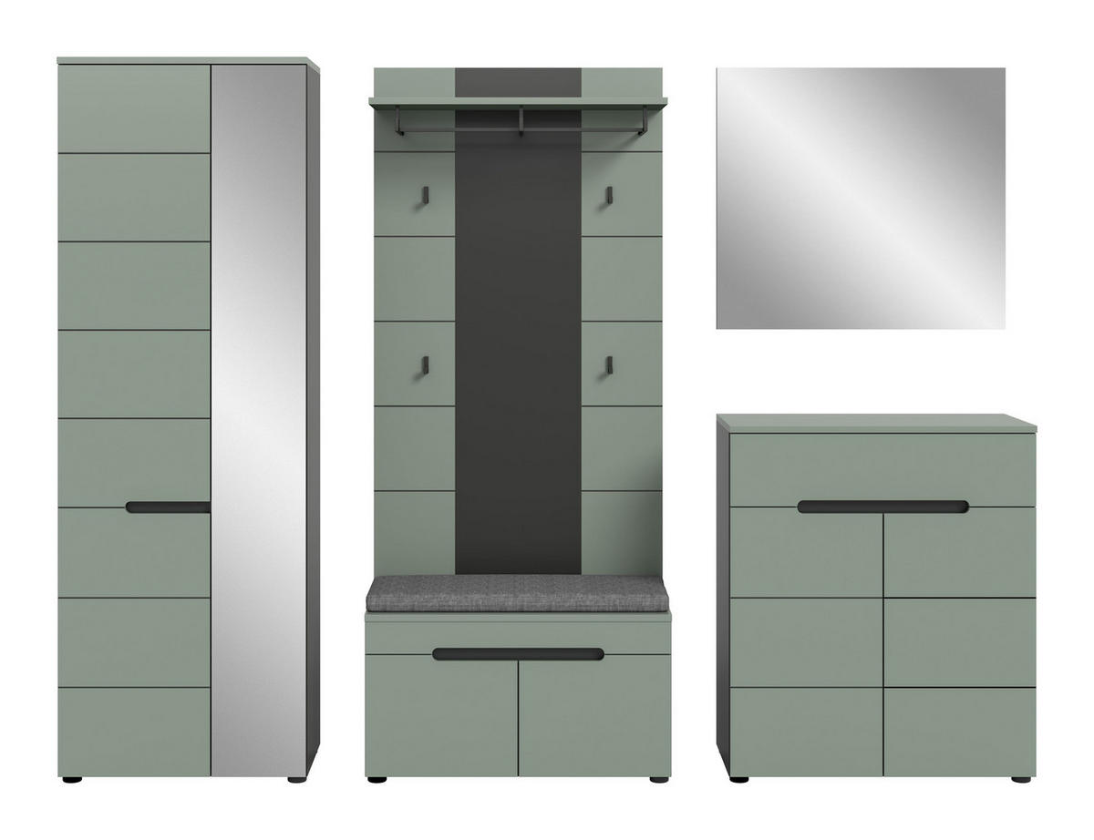GARDEROBE inkl. Sitzkissen Nova 6 - tlg. (B/H/T: ca. 255/190/37 cm) in Basalt grau/Smoke Green - Grau, Holzwerkstoff (255/190/37cm)