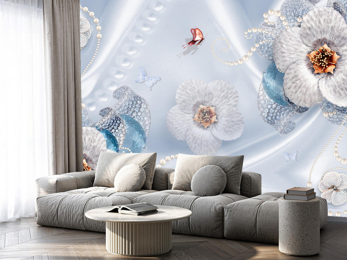 FOTOTAPETE für Schlafzimmer Blumen Perlen Schmetterlinge Blau 450x315 - Blau/Gelb, Papier (450/315cm) - Muralo