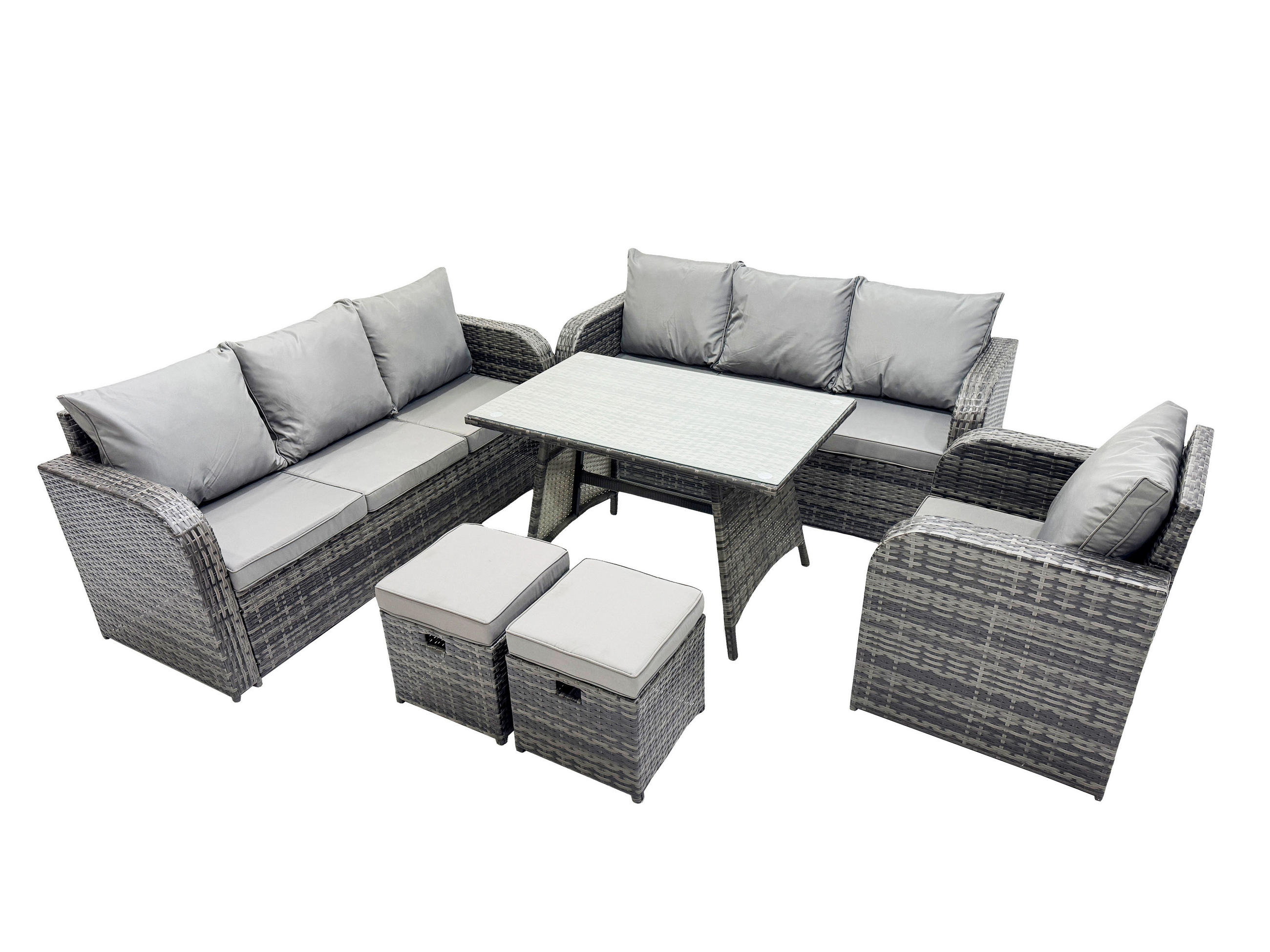 GARTENSET Hohe Rückenlehne Polyrattan 9-Sitzer - Dunkelgrau/Grau, Glas/Kunststoff - Fimous