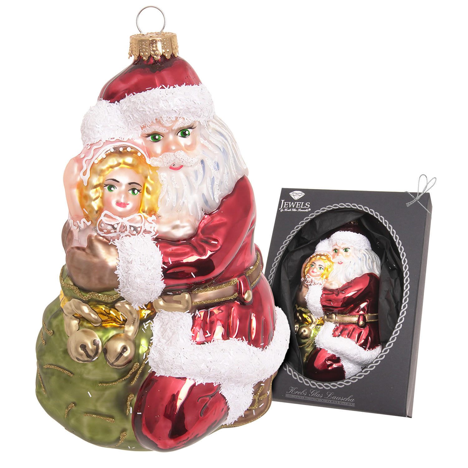 CHRISTBAUMSCHMUCK Santa Kniend mit Kind auf dem Arm Rot 15cm (Glas / 1 Stk.) - Rot, Glas (8/15/7cm) - Krebs Glas Lauscha