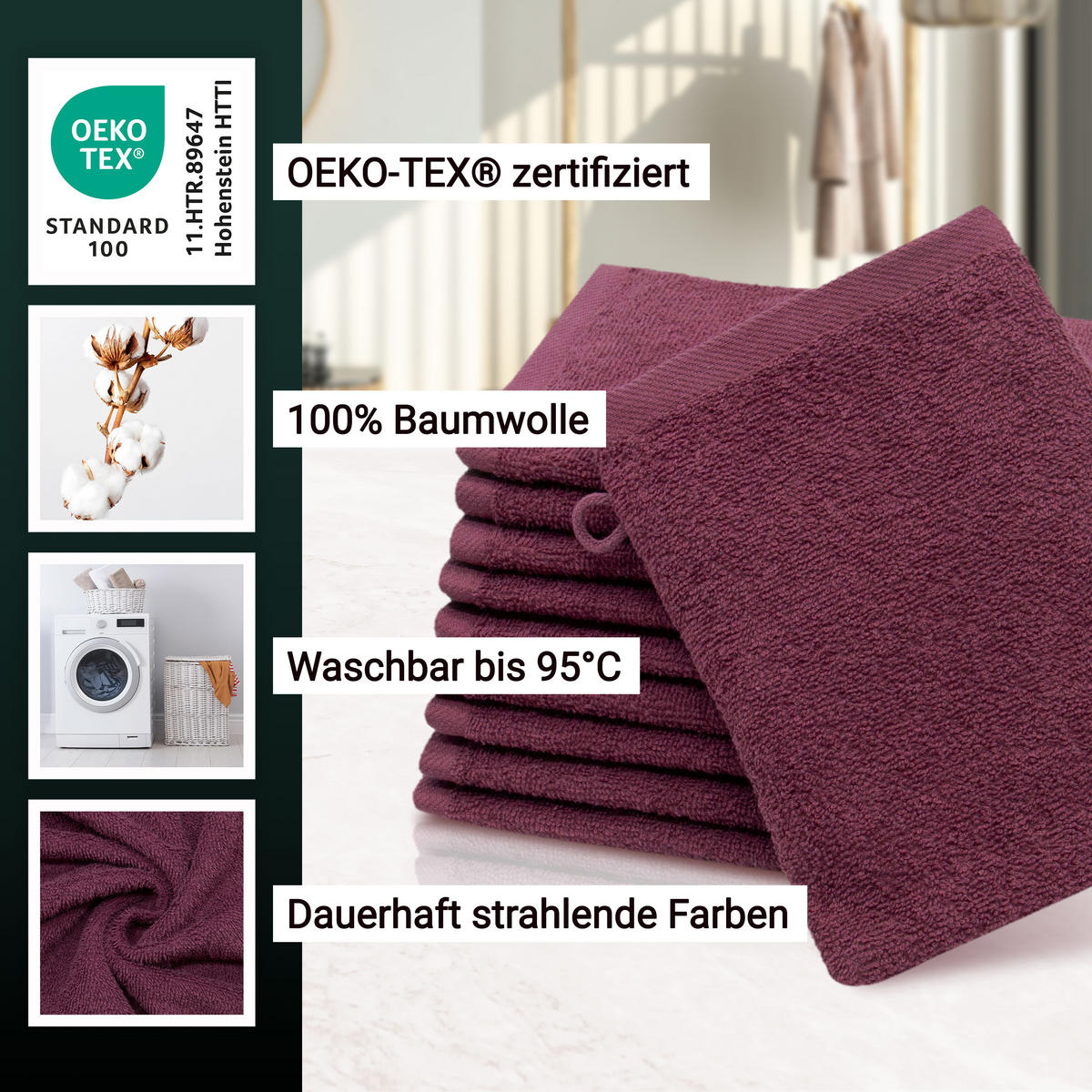 WASCHHANDSCHUH, 10er-Set, 16x21 cm, 100% Baumwolle, Rot - Brombeere, Textil (16/21cm) - Zollner