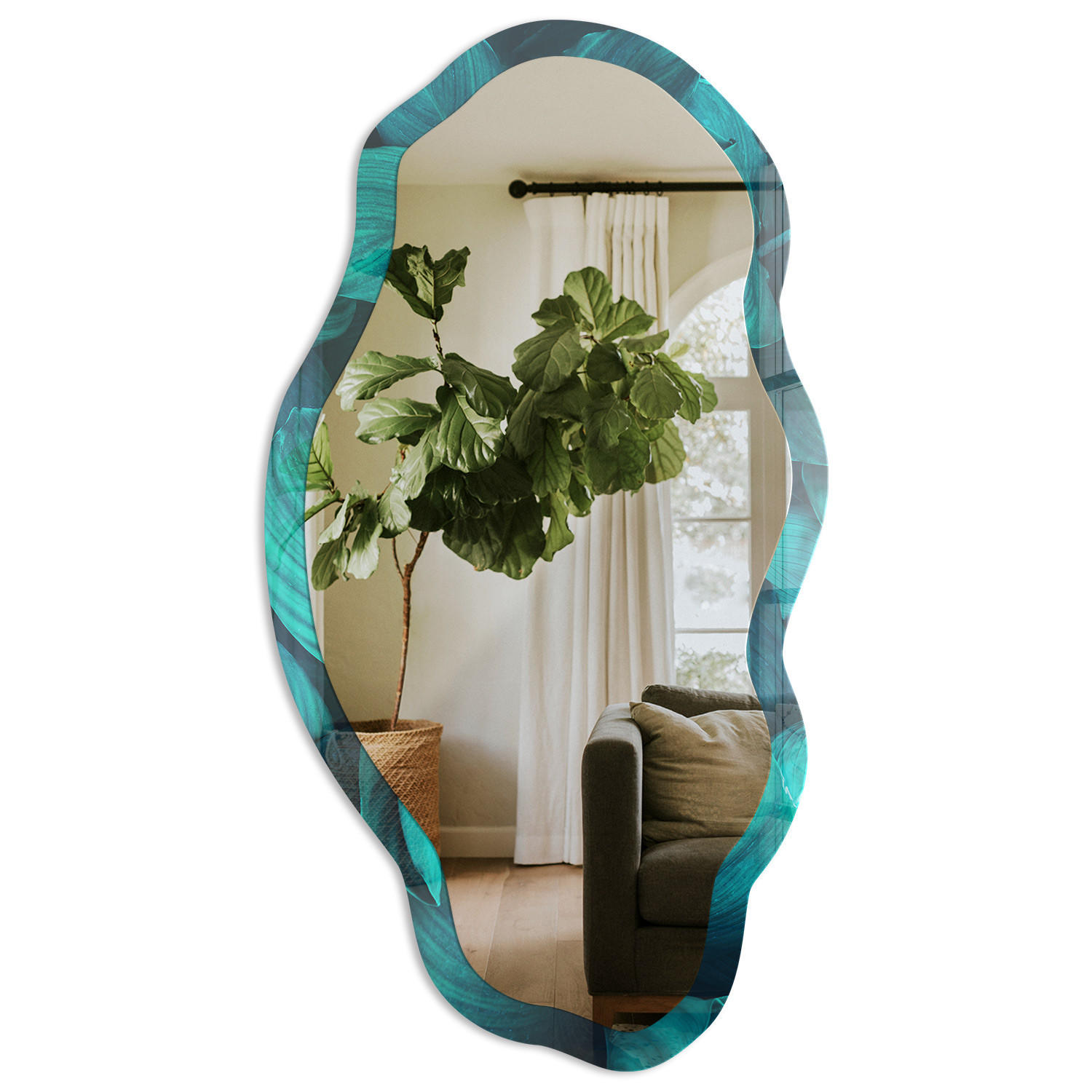 SPIEGEL 90x45 cm asymmetrisch mit Druck - Türkisfarbene Blätter - Transparent, Glas (45/90/0.4cm) - TULUP