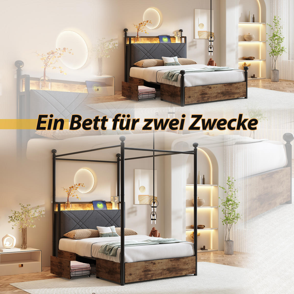 EISENBETT 90x190 cm Stauraum Schubladen LED USB Typ-C - Schwarz, Metall - FLIEKS