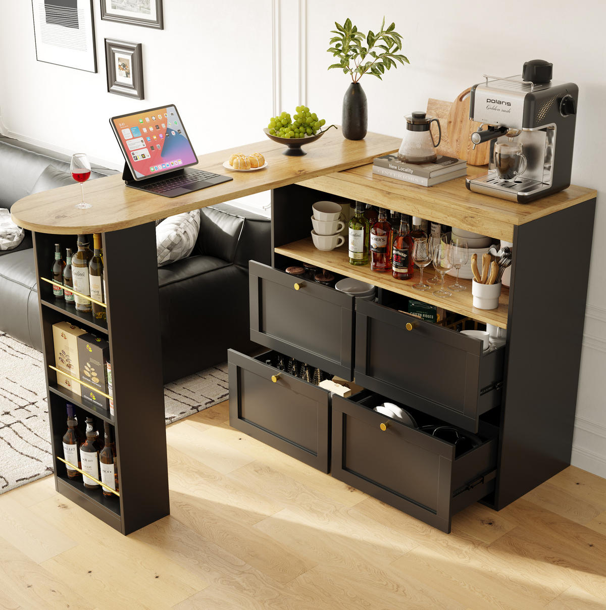 L-FÖRMIGER Schrank 105x39x102cm Schwarz mit drehbarem Seitenrahmen & 4 Schubladen - Schwarz, Holzwerkstoff (105/102/39cm) - Modfu