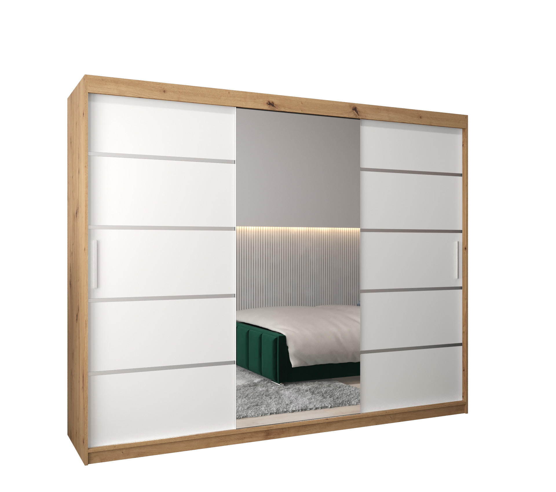 Abiks Möbel Schwebetürenschrank Eiche Artisan, Weiß, Silber 250x200x62 cm