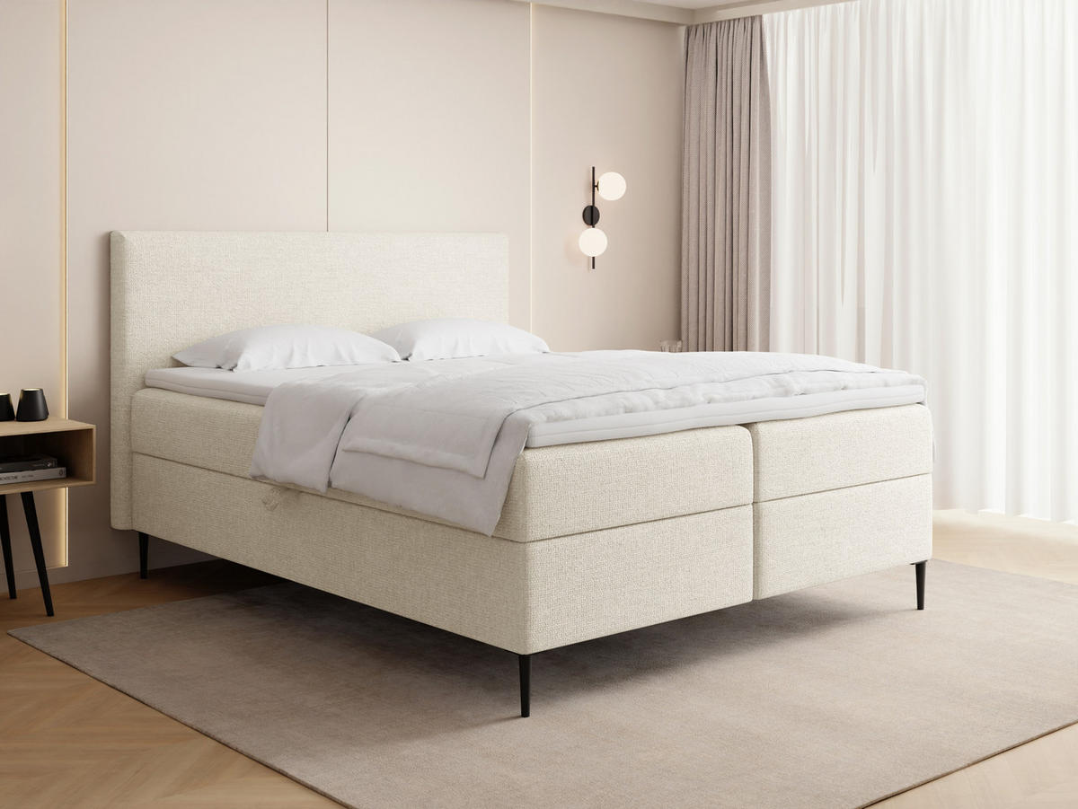 BOXBETT Alba Rise mit Bettkasten, Creme Chenille 160x200 cm – inkl. H4 Taschenfederkern Matratze & Foam Topper - Creme/Schwarz, Holz/Textil (160/200cm) - WFL GROUP