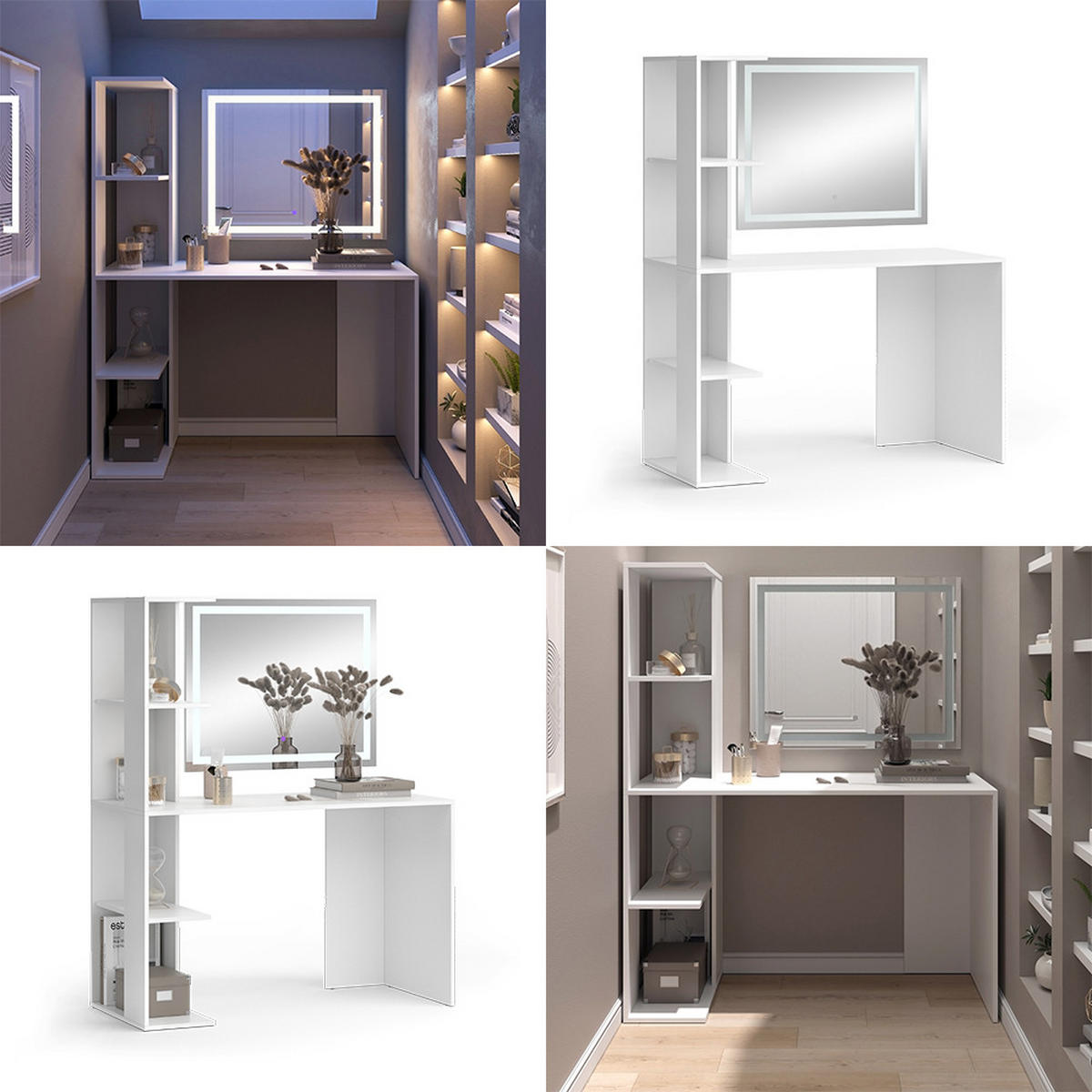 SCHMINKTISCH Tower Weiß 122.2 cm mit LED Spiegel - Weiß, Holzwerkstoff (122.2/75.8/55.2cm) - Vicco