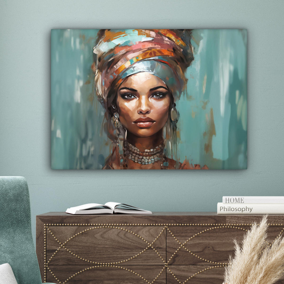 LEINWANDBILD Frau - Kunst - Schmuck - Porträt Wandbilder 80x60 cm - Blaugrau, Textil (80/60cm) - MuchoWow