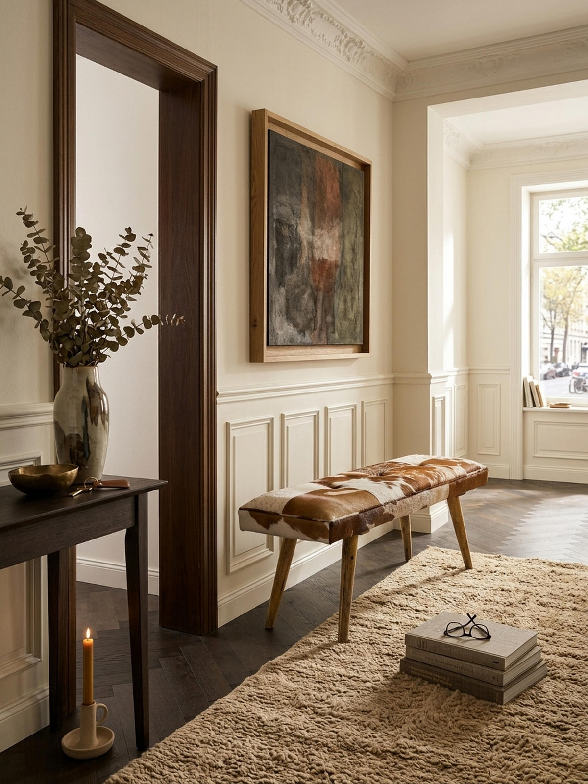 SITZBANK – Ziegenfell/Leder, Landhausstil, Mango Holz, 220 kg Belastbarkeit - Braun, Mangoholz/Leder (120/52/40cm) - KADIMA DESIGN