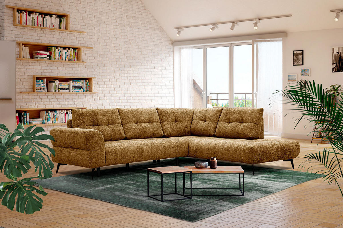 ECKSOFA SALVINI 5-Sitzer, dunkelgelb - Dunkelgelb/Schwarz, Holzwerkstoff/Textil (292/158cm) - Courtois Laville