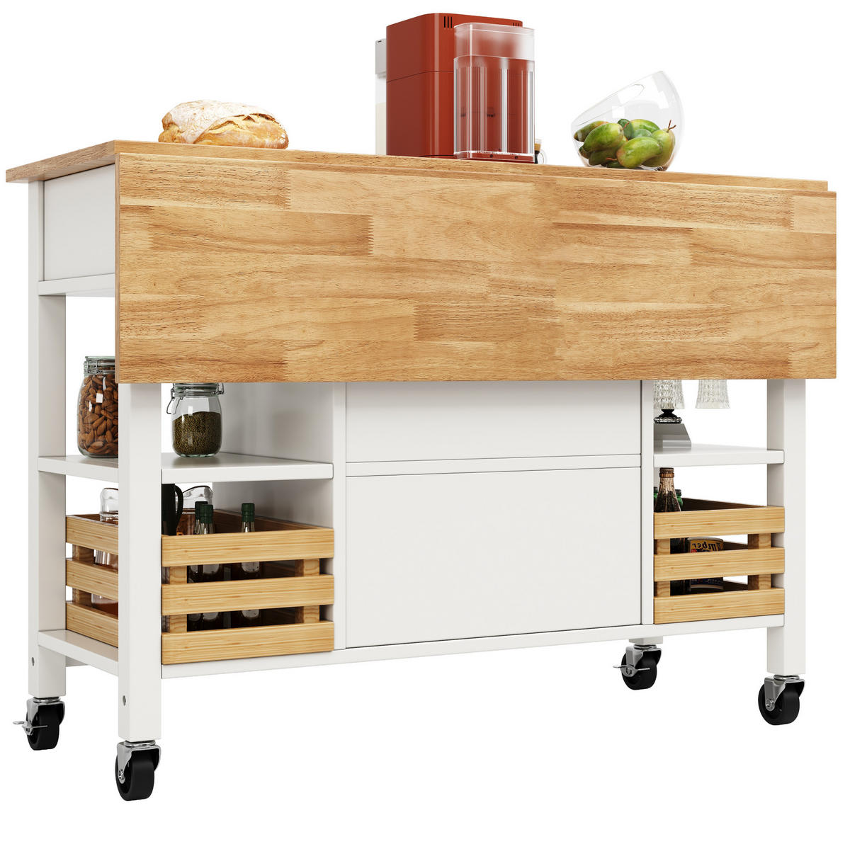 KÜCHENINSEL 120/45/90 cm Natur/Weiß aus MDF mit Klappplatte - Weiß, Holzwerkstoff (120/90/45cm) - OKWISH